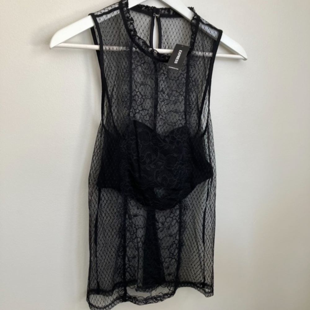 NWT Express Sheer Black Lace Top with Built In Bralette